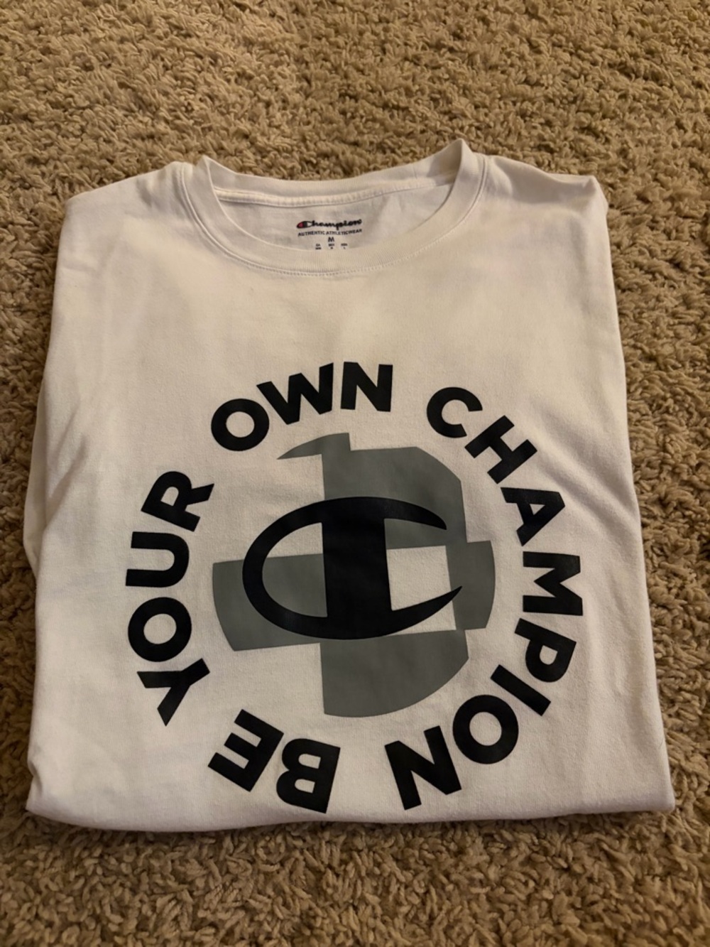 Champion White Tee with Small Navy and Red Logo